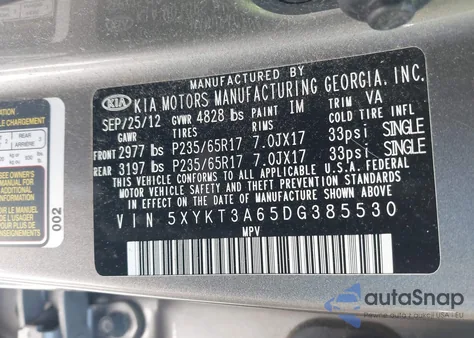 2013 Kia Sorento Lx из США, поврежденный, VIN 5XYKT3A65DG385530